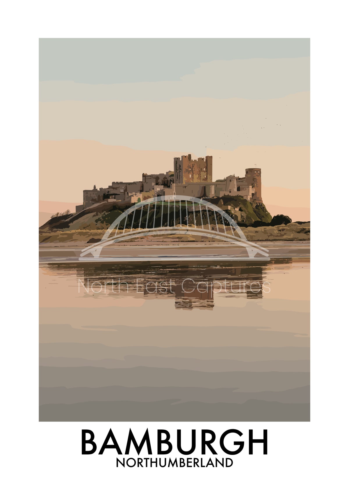 Bamburgh Castle Beach Reflection vector artwork with landmark lettering and preview watermark