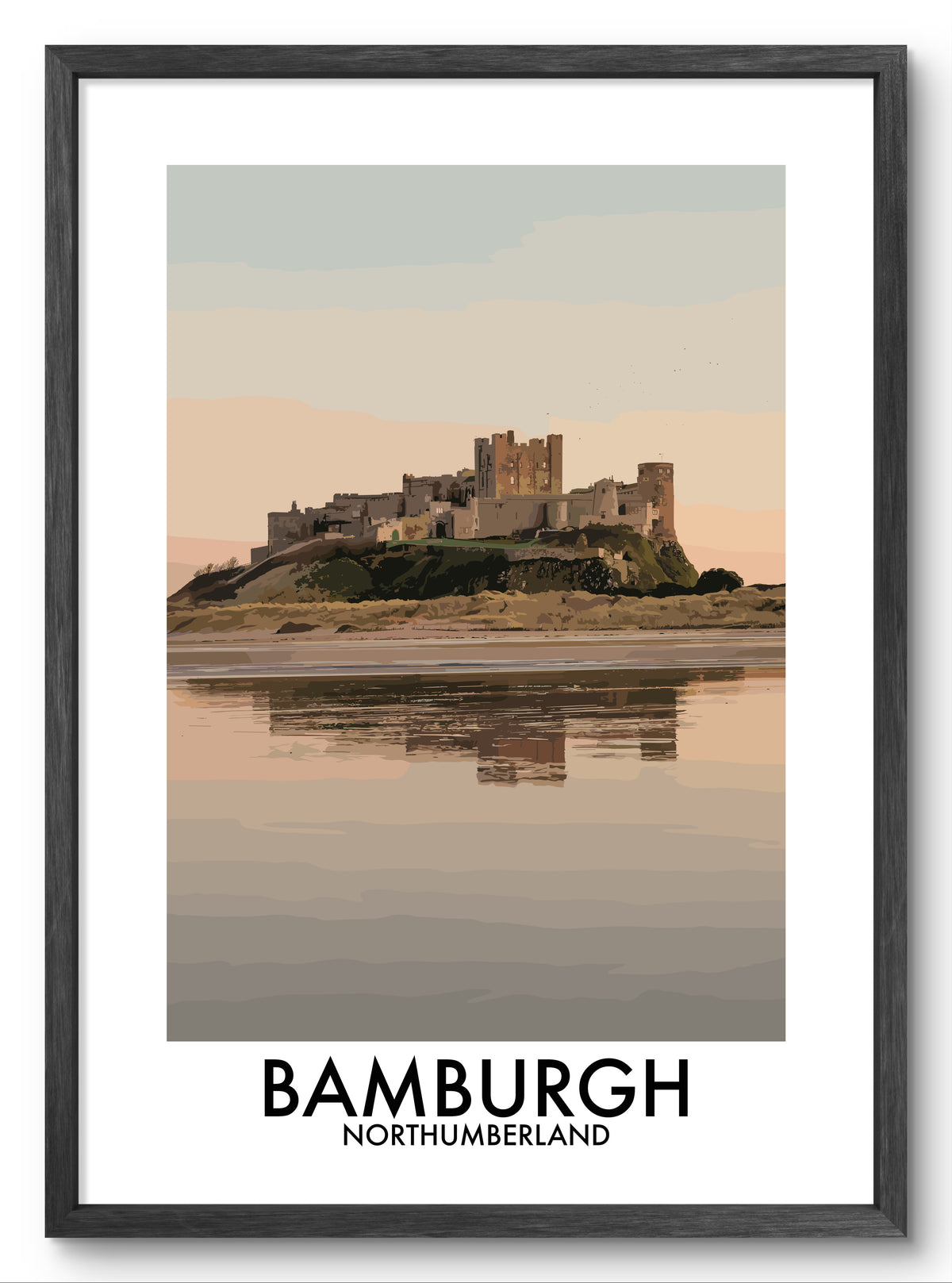 Bamburgh Castle Beach Reflection vector art print shown in a black frame