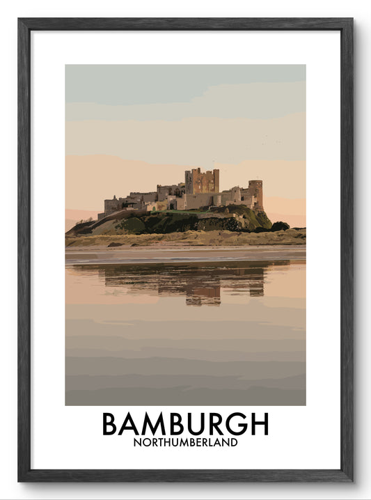 Bamburgh Castle Beach Reflection vector art print shown in a black frame