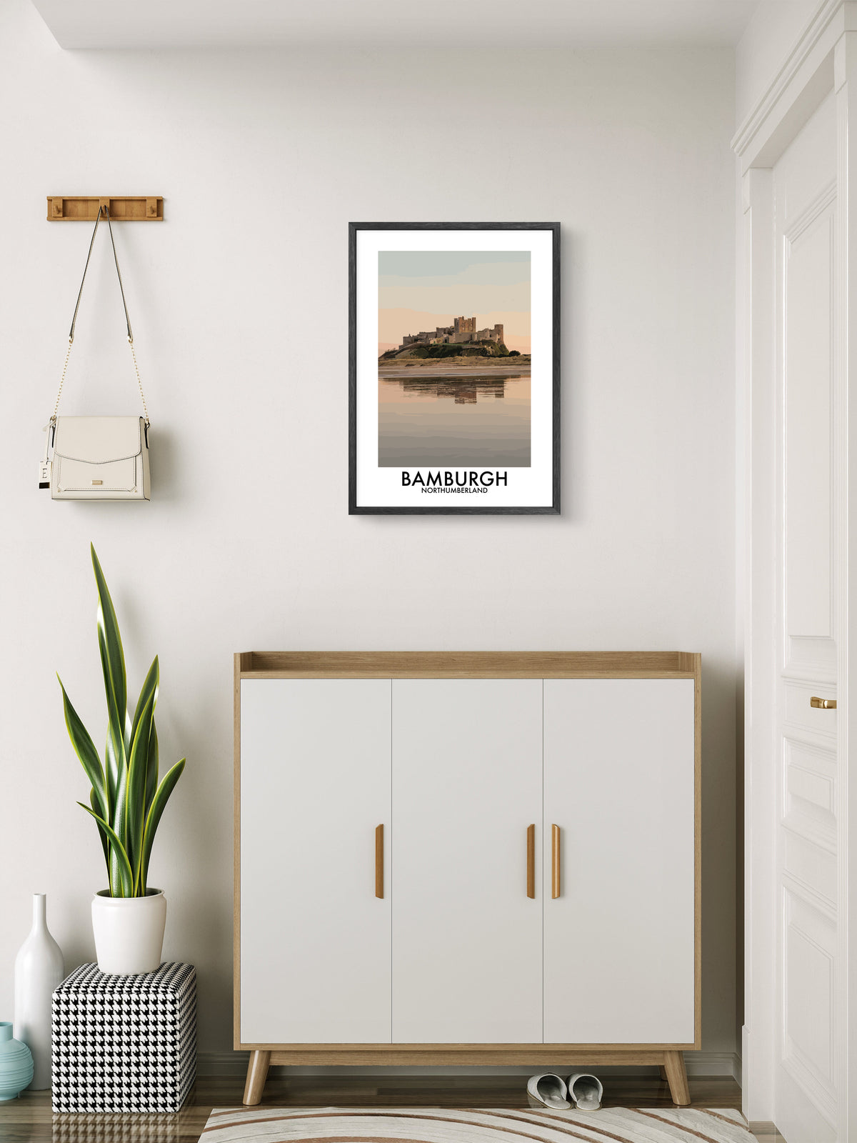 Bamburgh Castle Beach Reflection framed vector art print displayed in a room setting