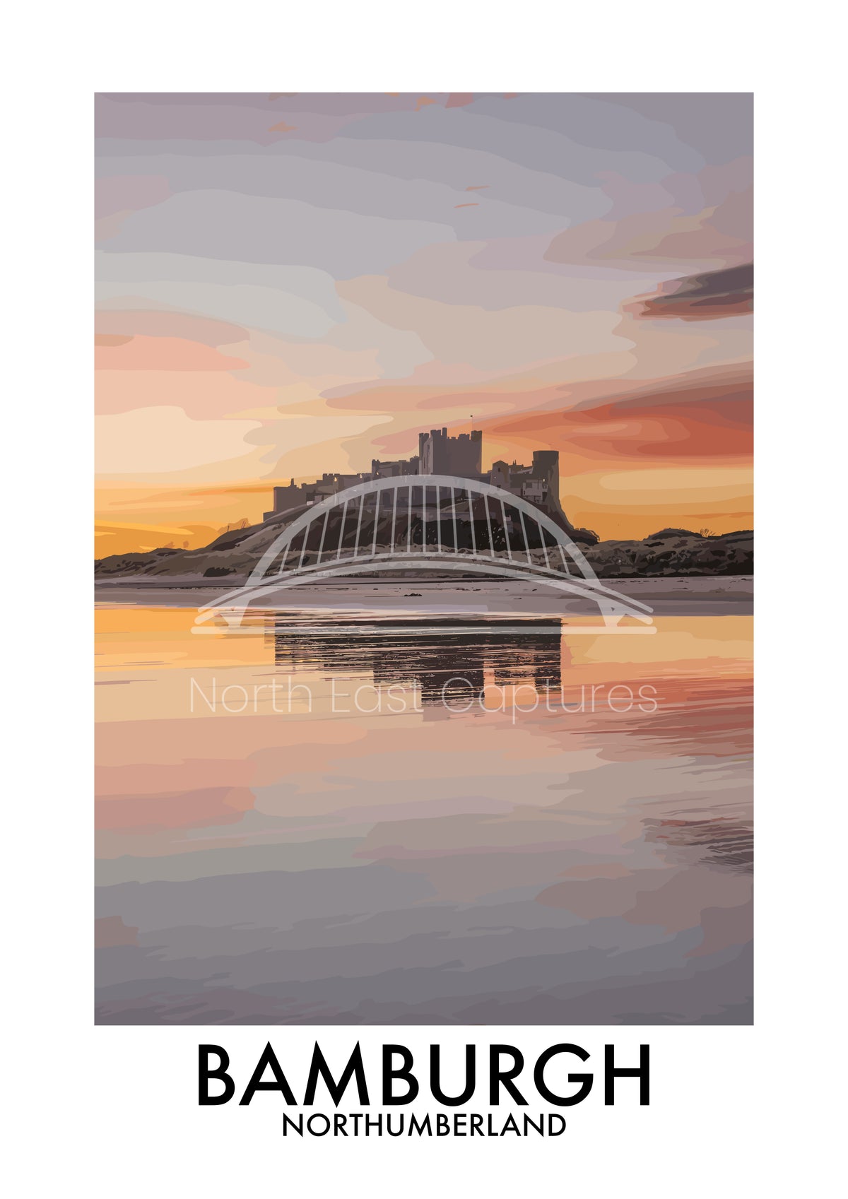 Bamburgh Castle Golden Sky vector artwork with landmark lettering and preview watermark