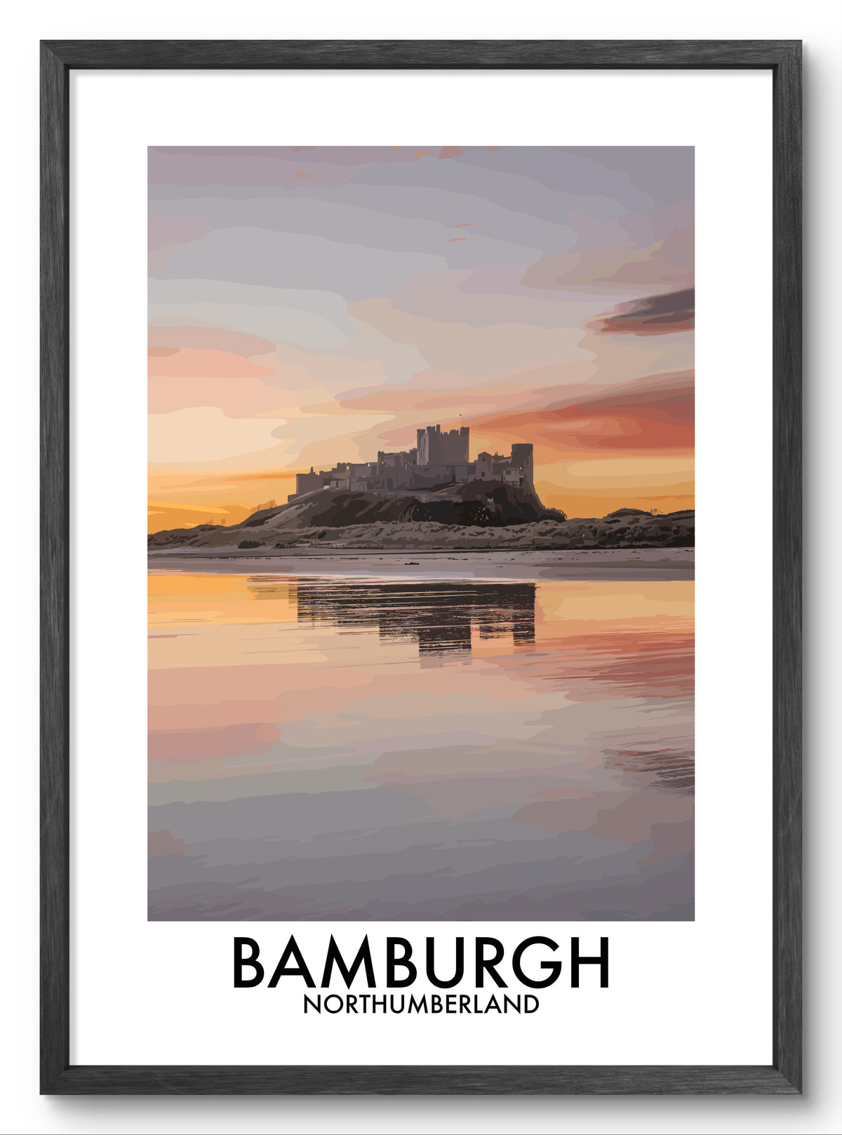 Bamburgh Castle Golden Sky vector art print shown in a black frame