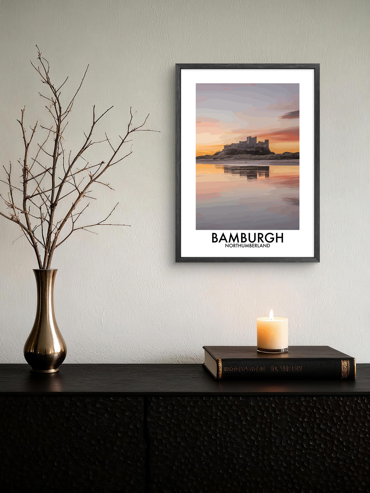 Bamburgh Castle Golden Sky framed vector art print displayed in a room setting