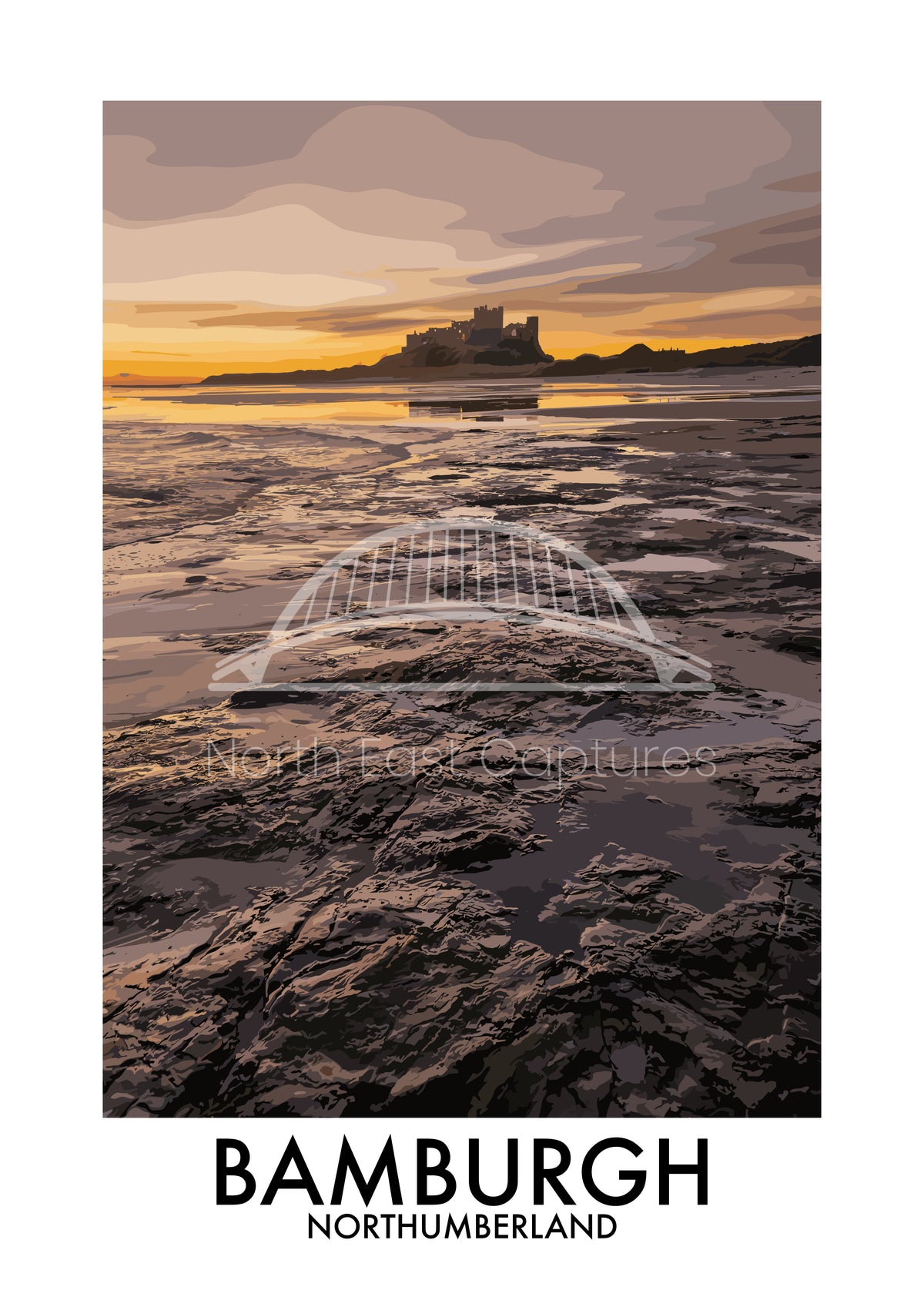 Bamburgh Castle Rock Pools vector artwork with landmark lettering and preview watermark