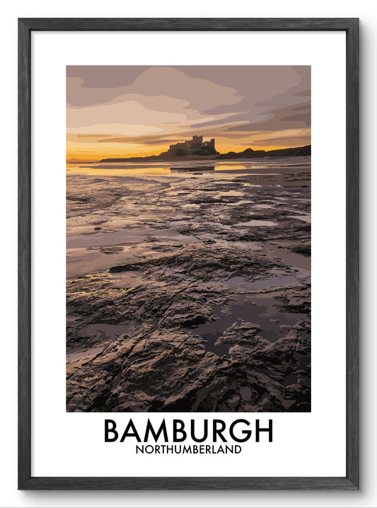 Bamburgh Castle Rock Pools vector art print shown in a black frame