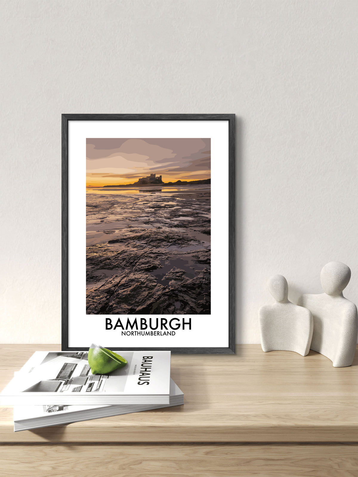 Bamburgh Castle Rock Pools framed vector art print displayed in a room setting