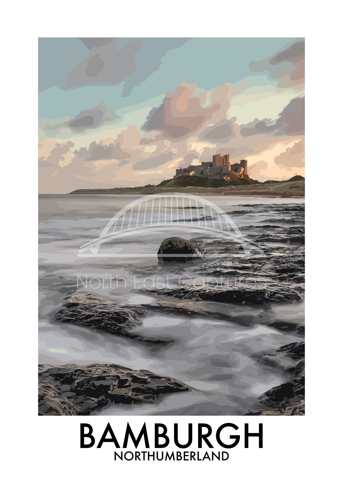 Bamburgh Castle Rocky Shore vector artwork with landmark lettering and preview watermark