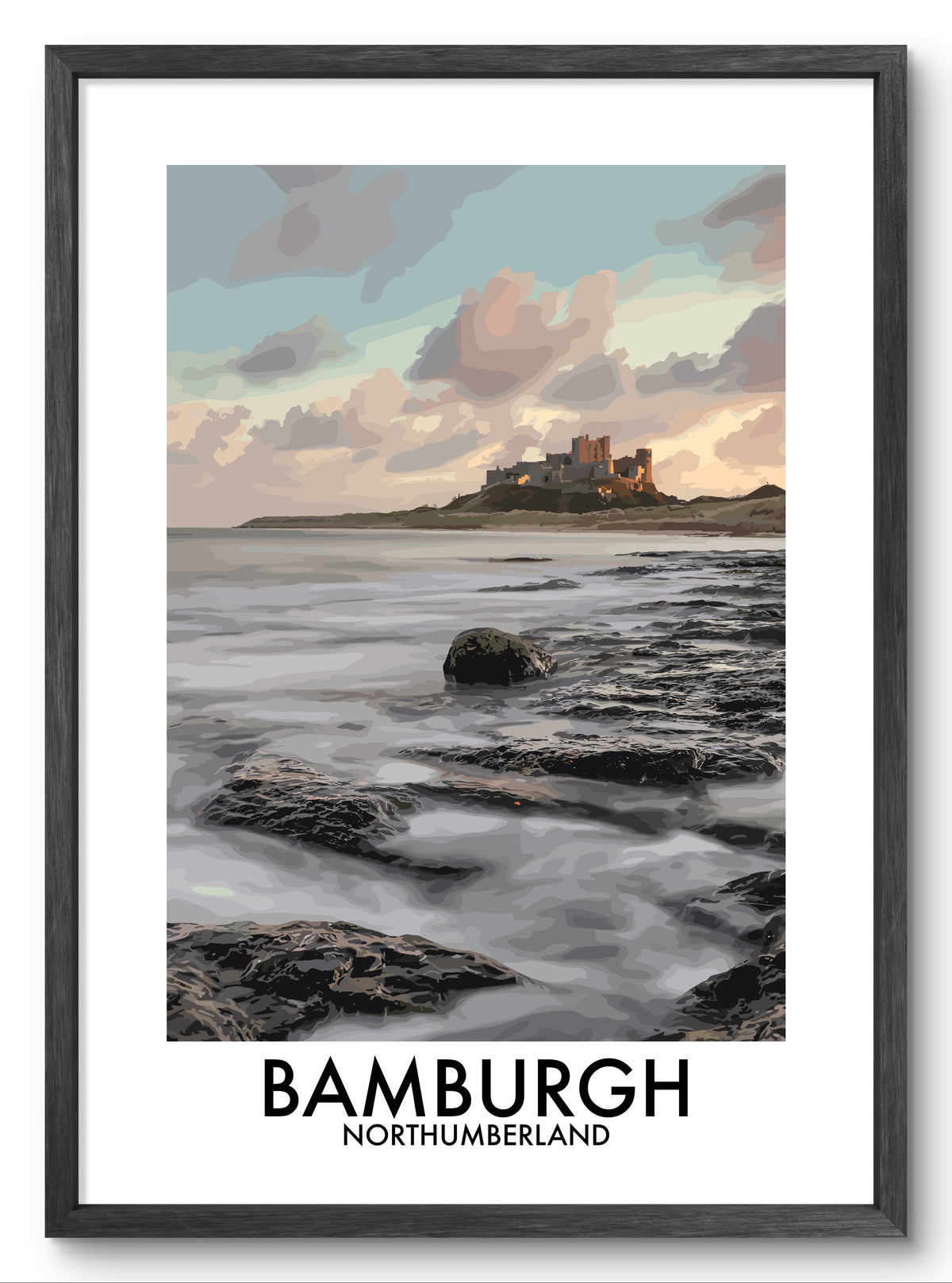 Bamburgh Castle Rocky Shore vector art print shown in a black frame