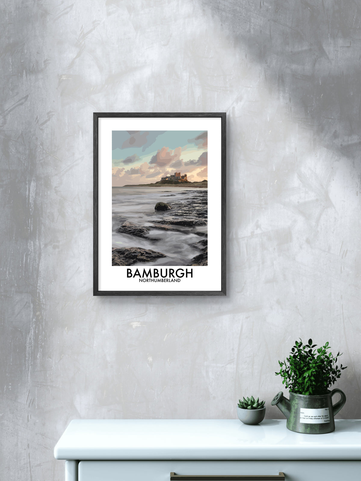 Bamburgh Castle Rocky Shore framed vector art print displayed in a room setting
