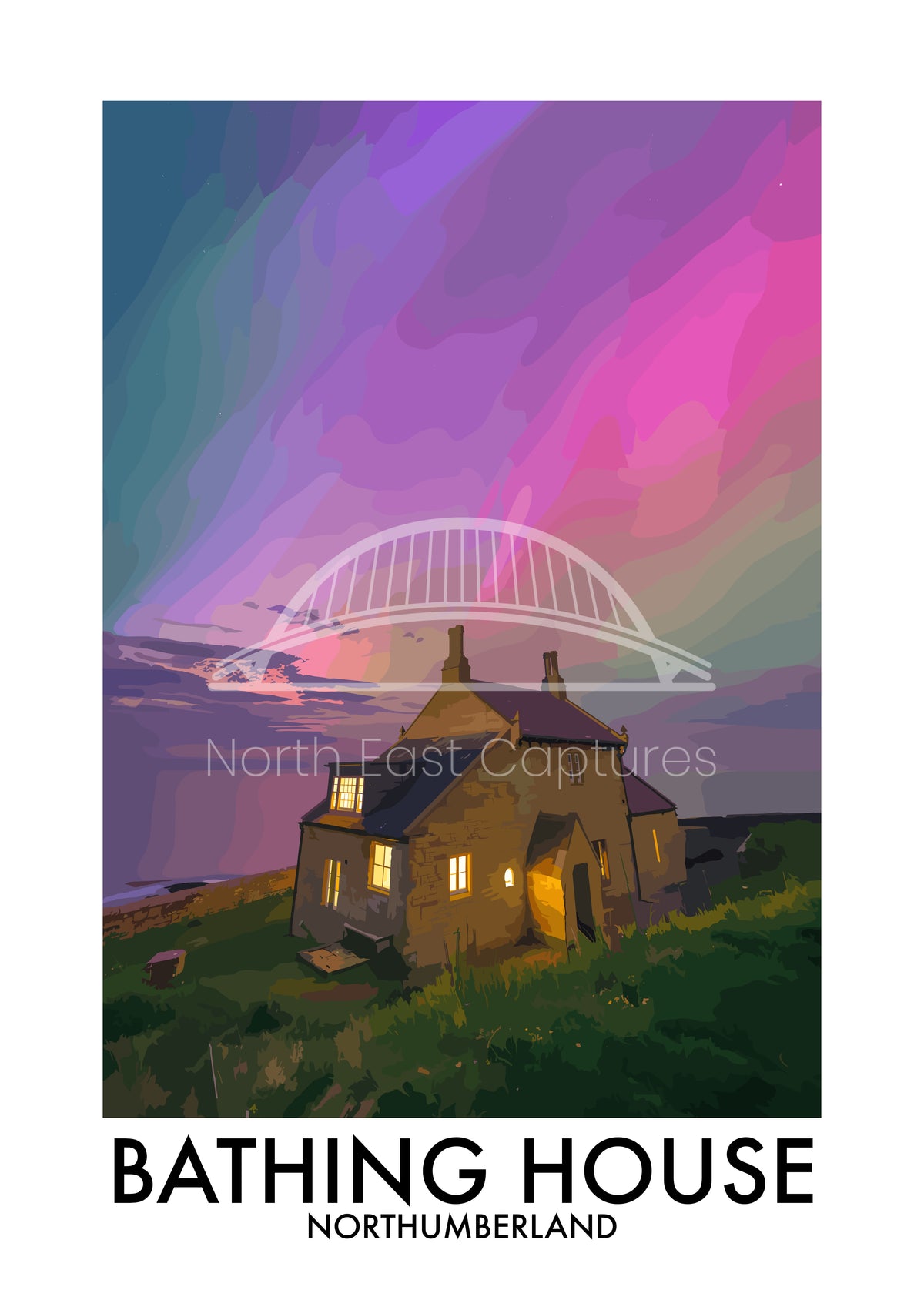 Bathing House Colourful Night Sky vector artwork with landmark lettering and preview watermark