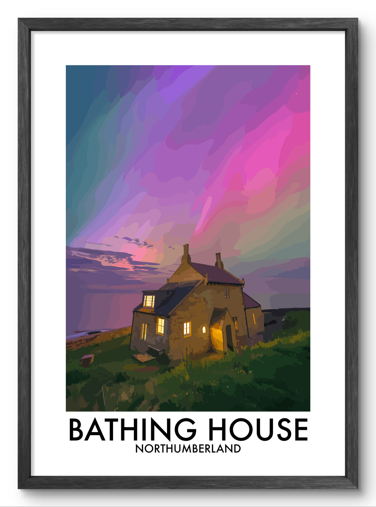 Bathing House Colourful Night Sky vector art print shown in a black frame