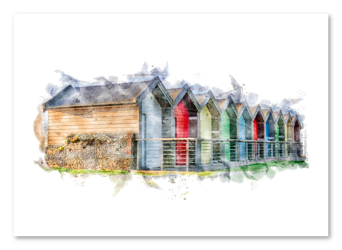 Blyth Beach Huts, landscape digital watercolour artwork preview