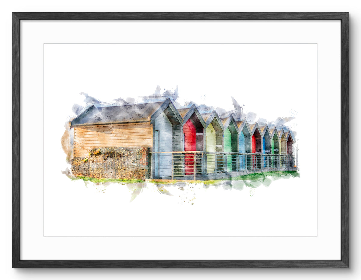 Blyth Beach Huts, landscape digital watercolour shown in a black frame and white mount