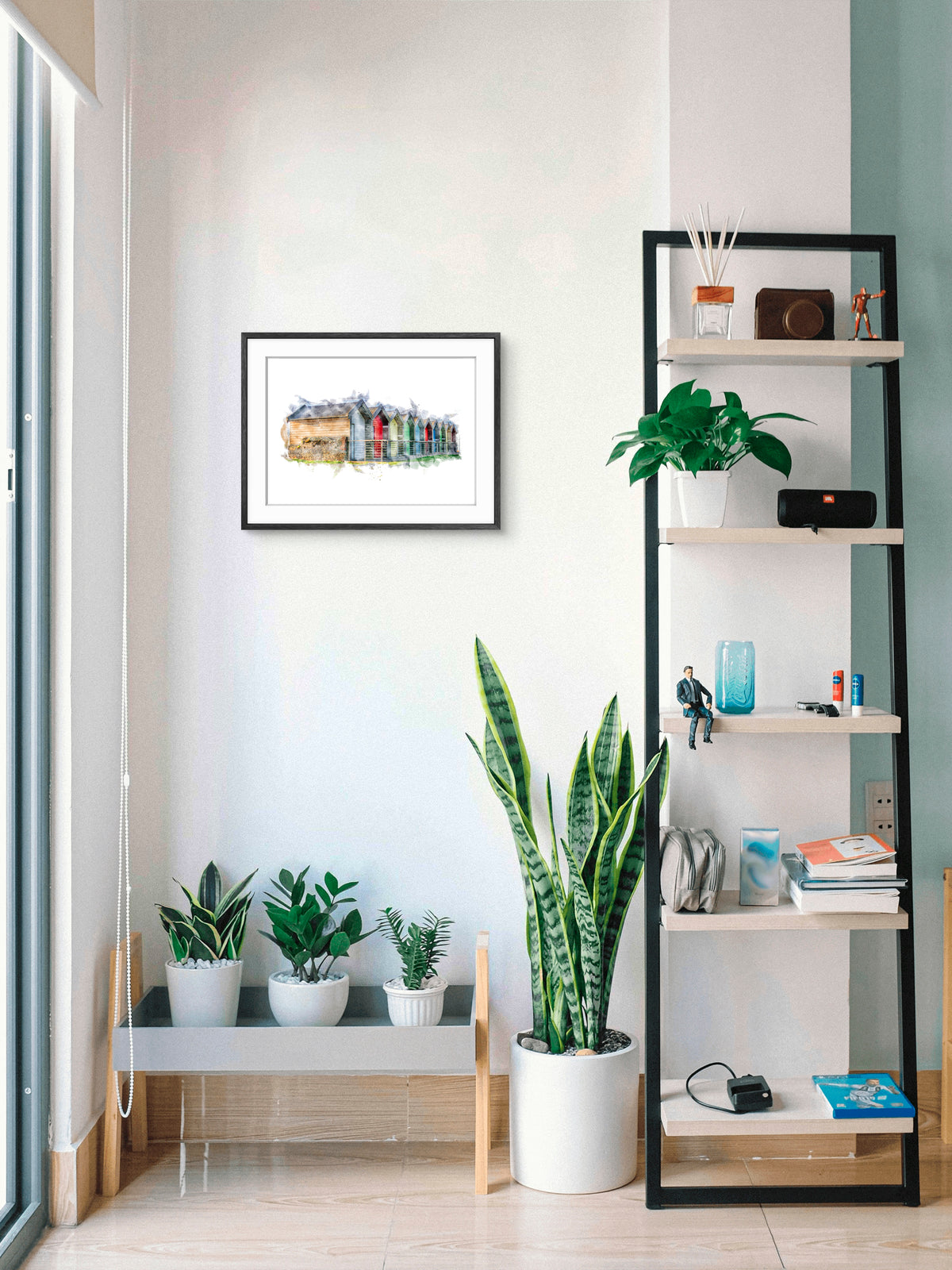 Blyth Beach Huts, landscape digital watercolour displayed in a room mockup