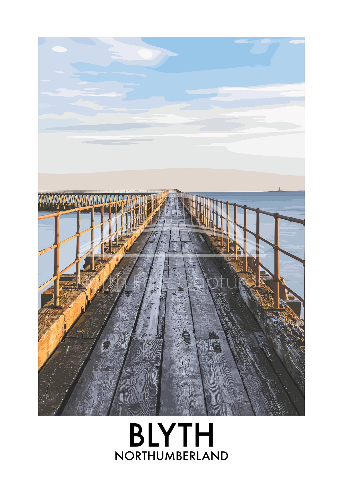 Blyth Pier Coastal View vector artwork with landmark lettering and preview watermark