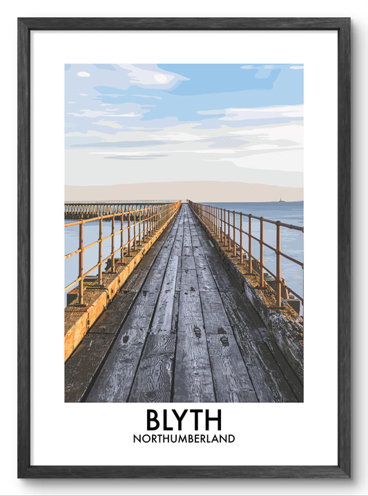 Blyth Pier Coastal View vector art print shown in a black frame