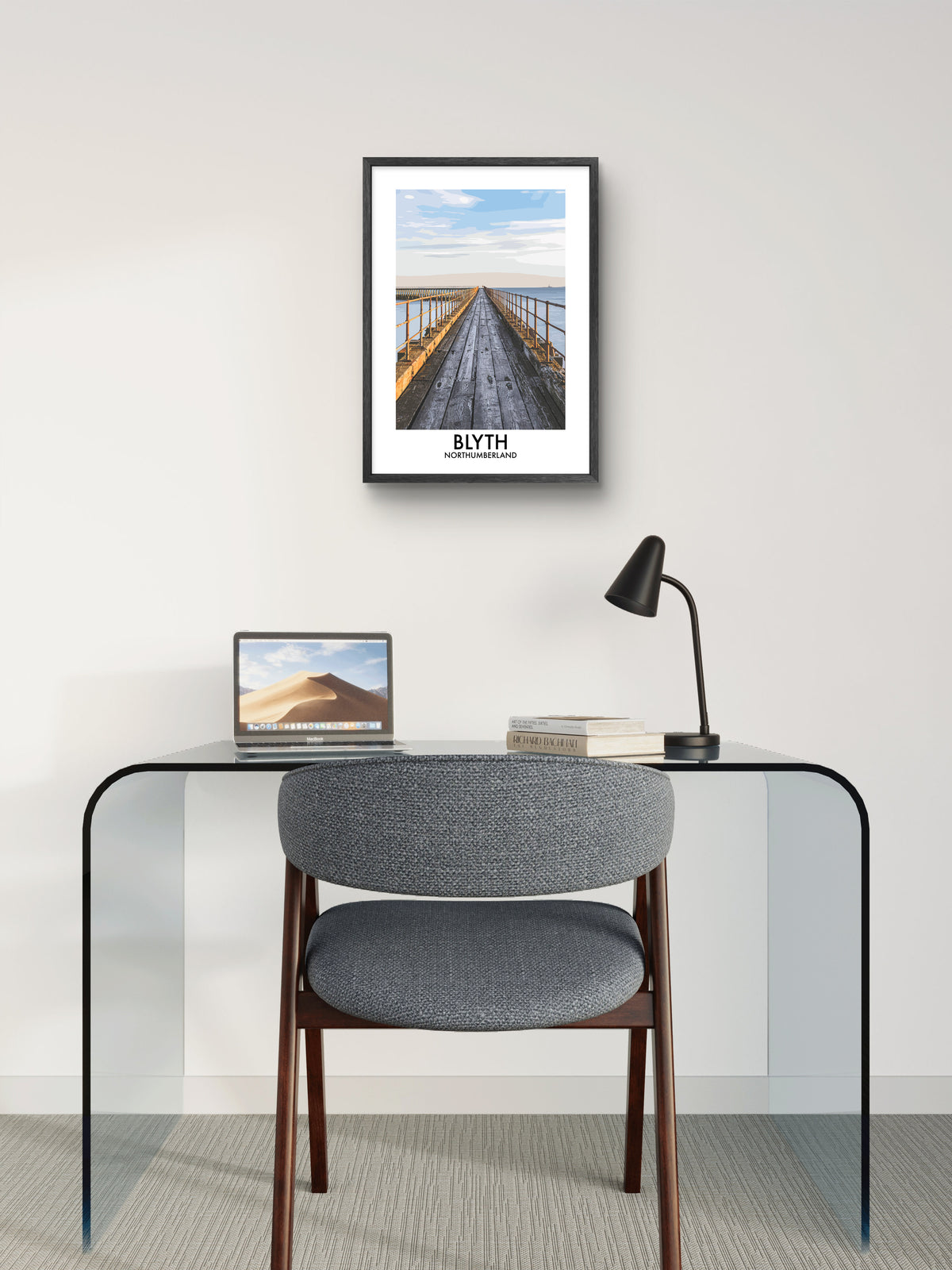 Blyth Pier Coastal View framed vector art print displayed in a room setting
