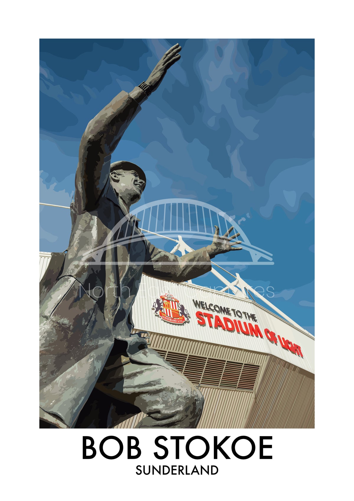 Bob Stokoe Statue Sunderland vector artwork with landmark lettering and preview watermark