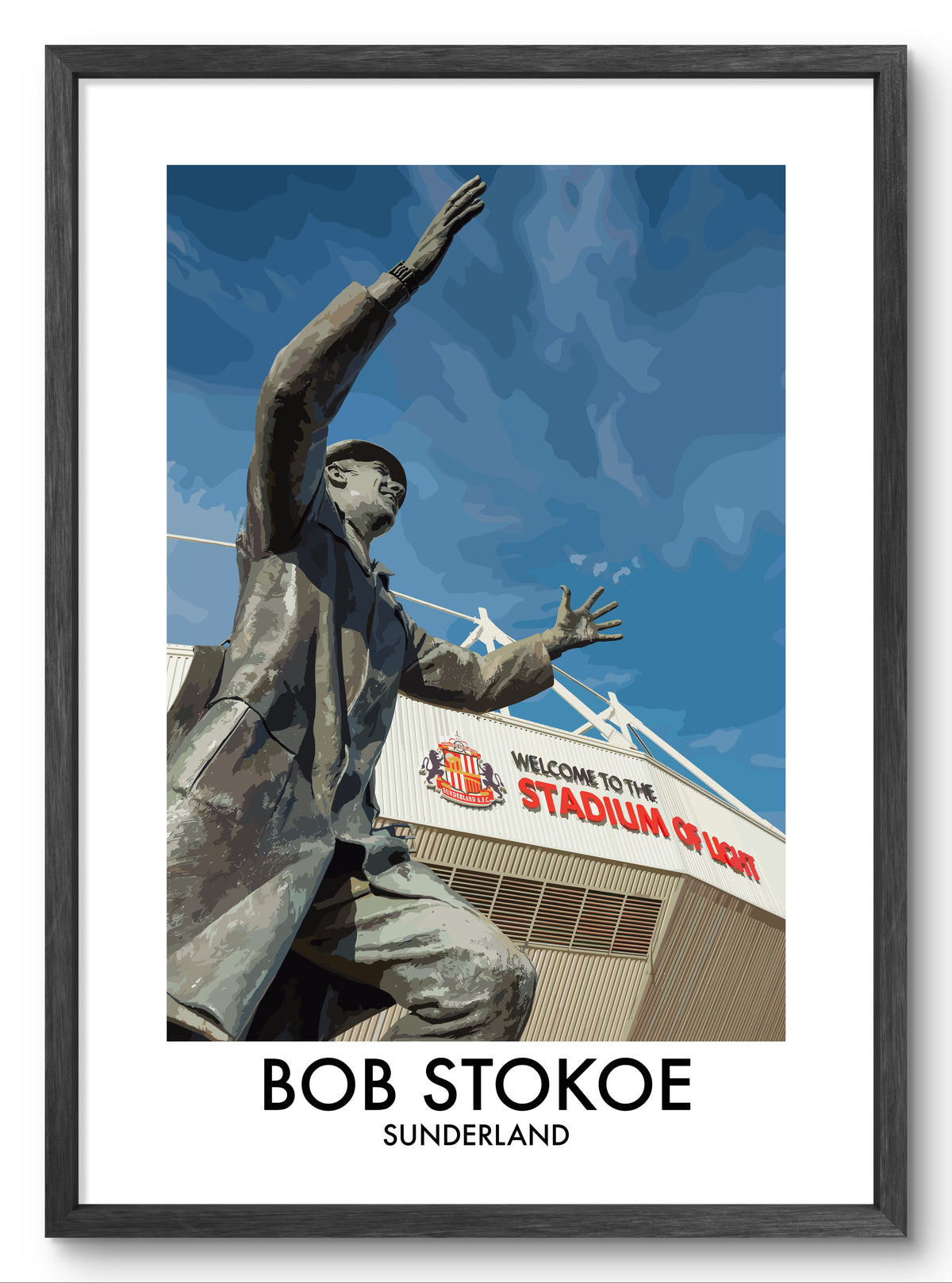 Bob Stokoe Statue Sunderland vector art print shown in a black frame