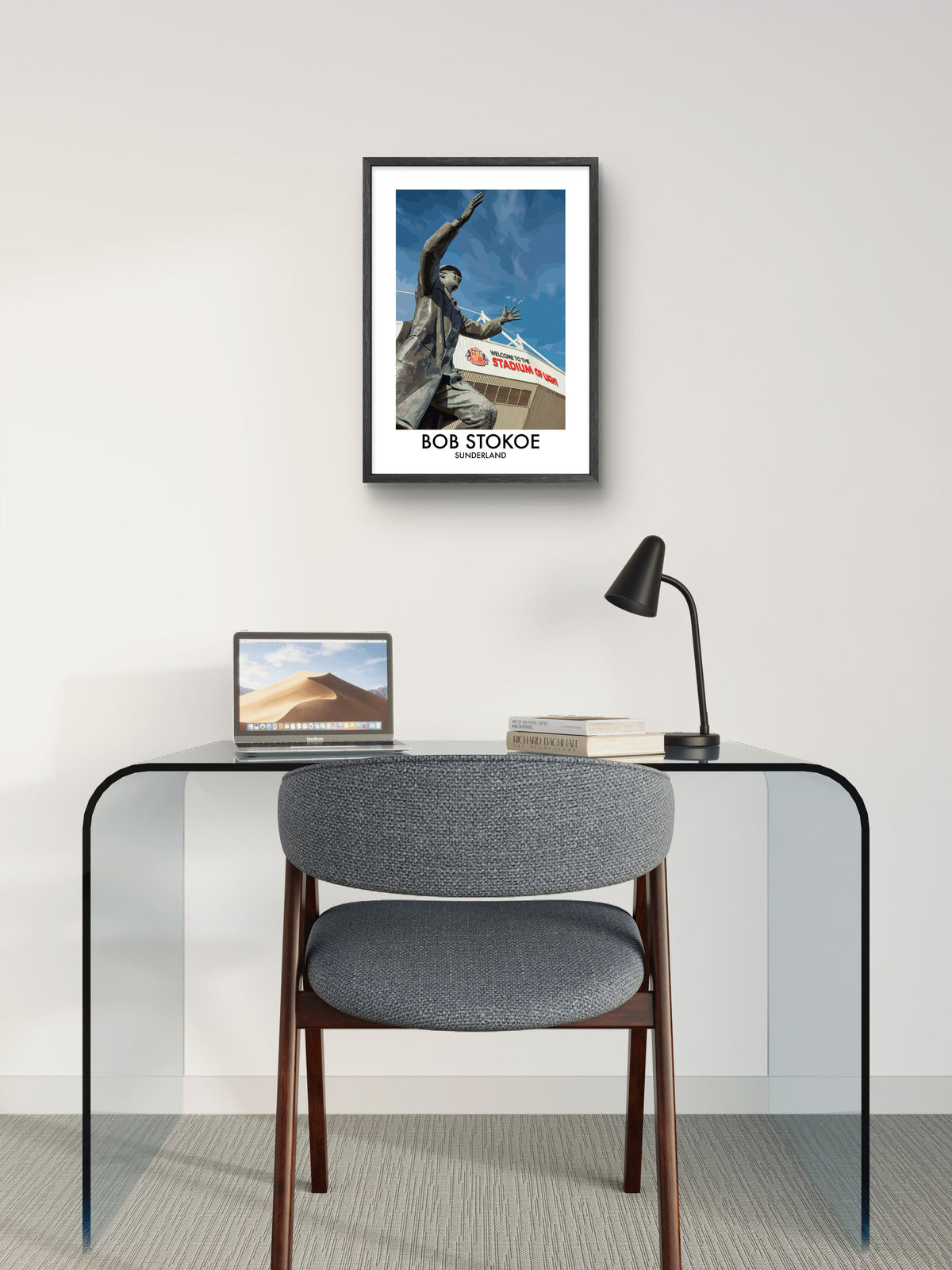 Bob Stokoe Statue Sunderland framed vector art print displayed in a room setting