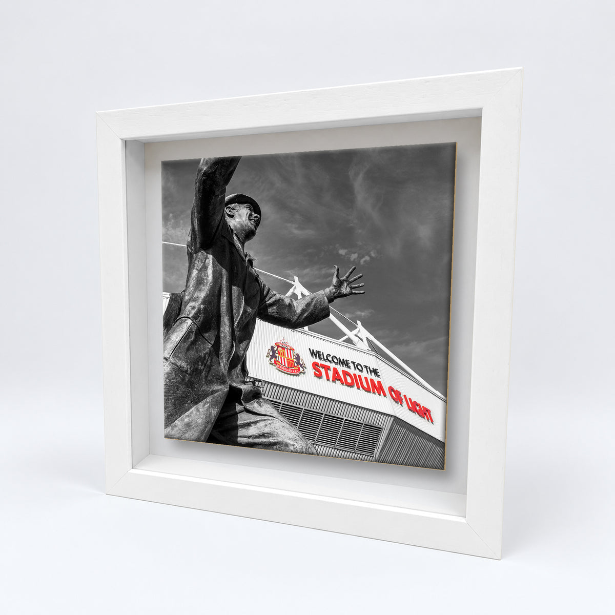 Bob Stokoe Statue Sunderland on an 8×8 inch ceramic tile in a white box frame, angled view