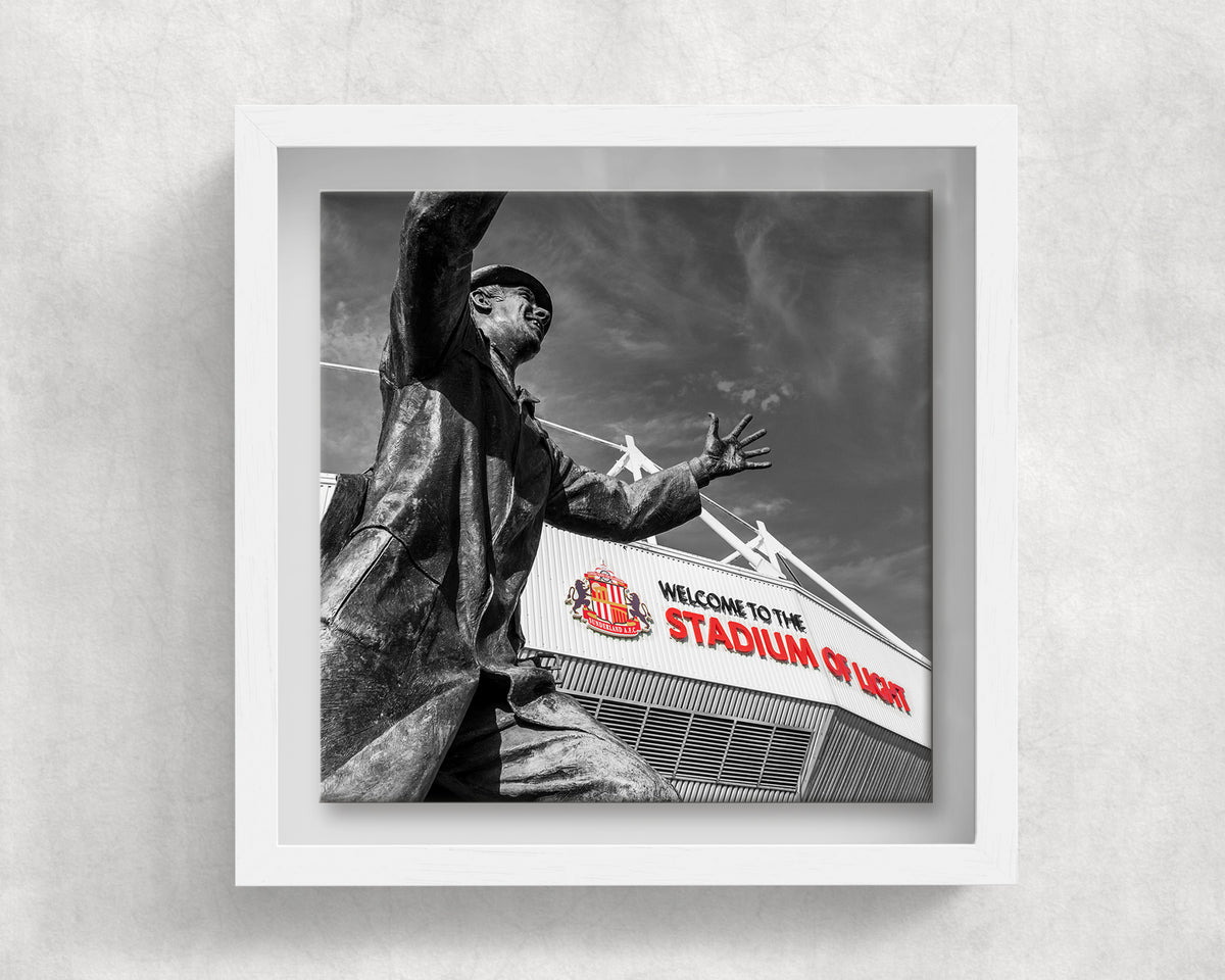 Bob Stokoe Statue Sunderland on an 8×8 inch ceramic tile in a white box frame, front view