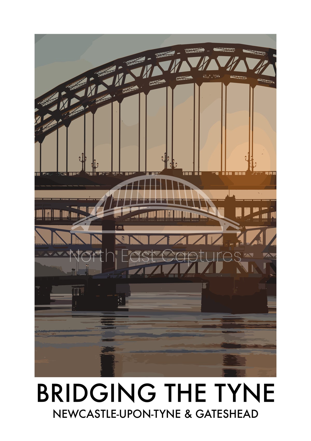 Bridging the Tyne Golden Light vector artwork with landmark lettering and preview watermark