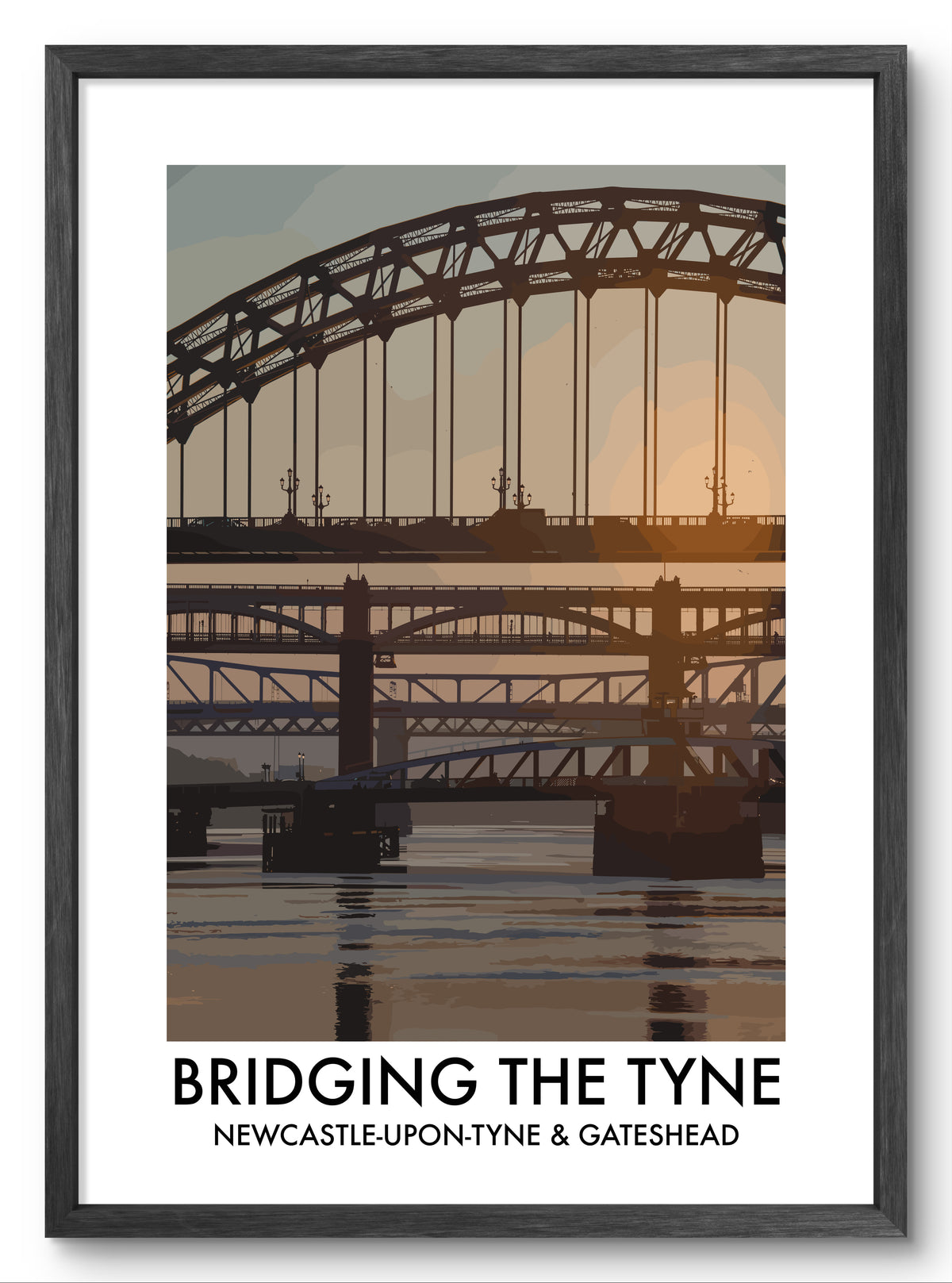 Bridging the Tyne Golden Light vector art print shown in a black frame