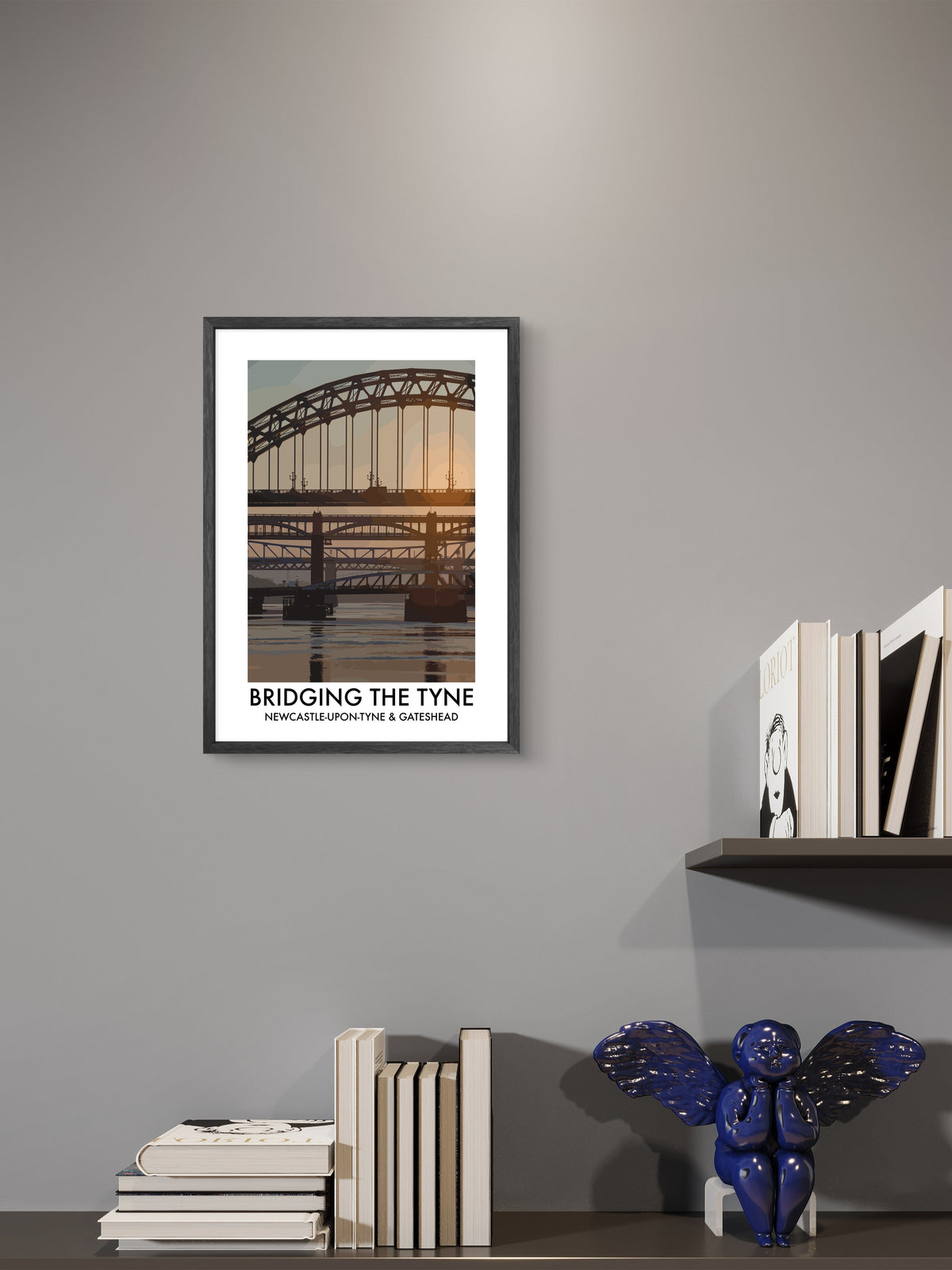 Bridging the Tyne Golden Light framed vector art print displayed in a room setting