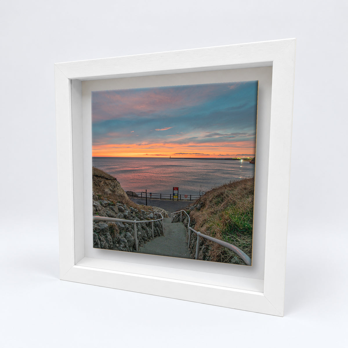 Cat and Dog Steps Sunrise on an 8×8 inch ceramic tile in a white box frame, angled view