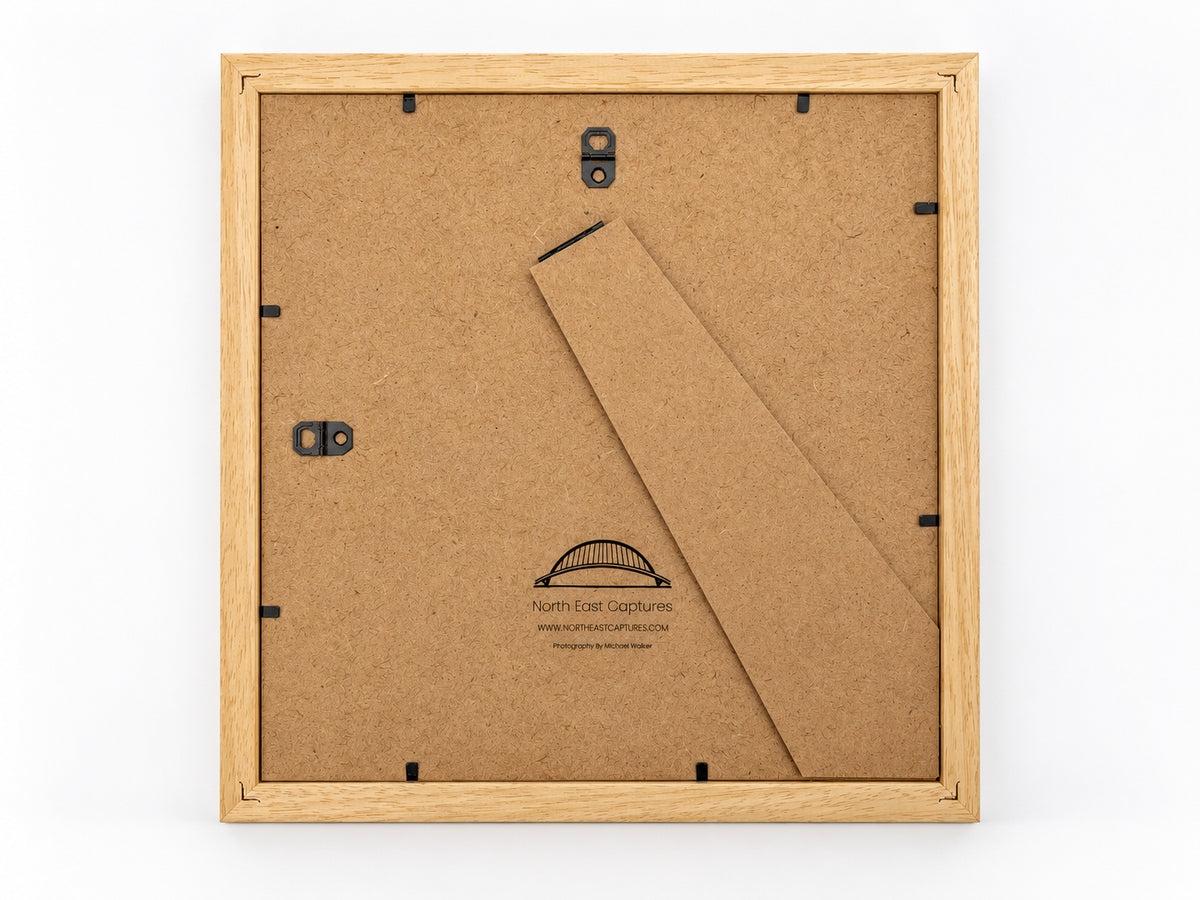 Back of the white solid wood box frame for Cat and Dog Steps Sunrise, showing the strut and hanging fittings