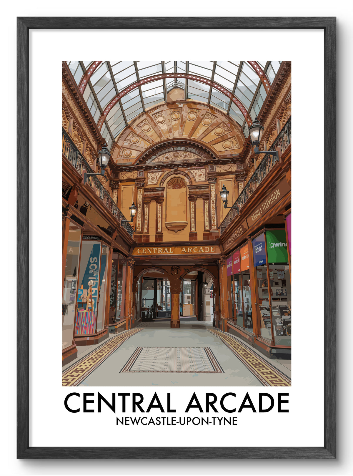 Central Arcade Newcastle Interior vector art print shown in a black frame