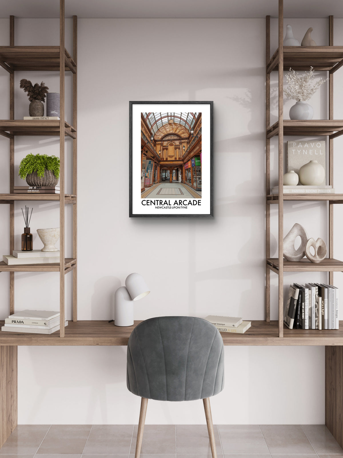 Central Arcade Newcastle Interior framed vector art print displayed in a room setting