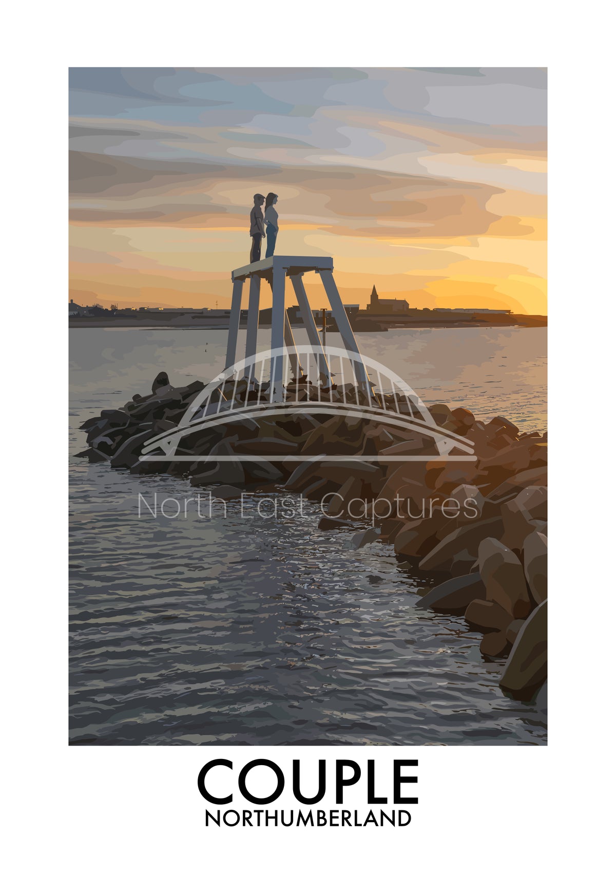 Couple Sculpture Newbiggin vector artwork with landmark lettering and preview watermark