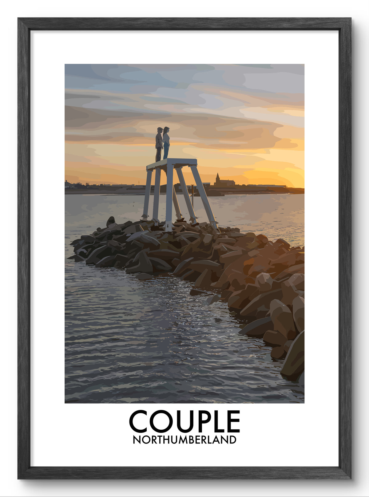 Couple Sculpture Newbiggin vector art print shown in a black frame