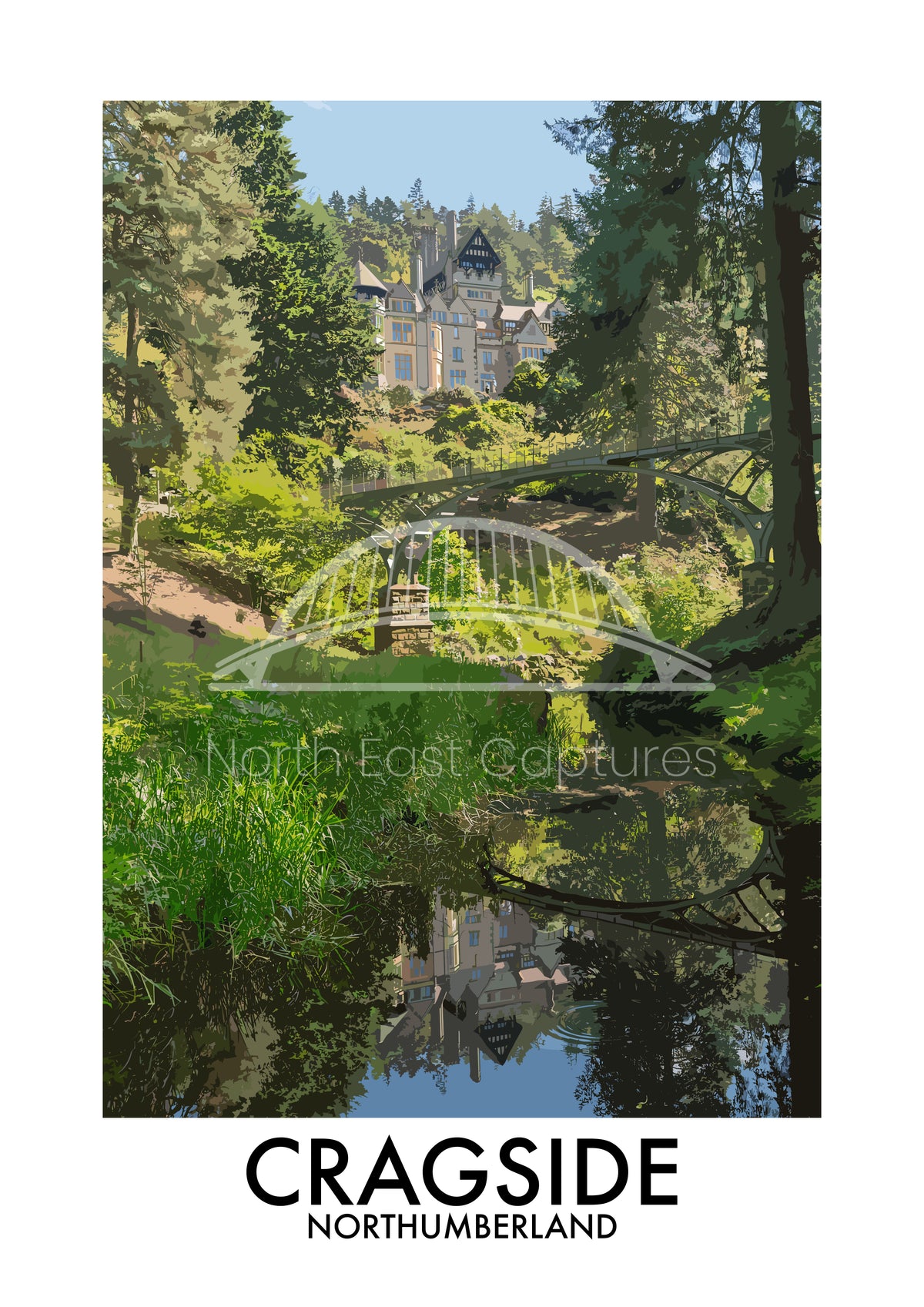Cragside House and Bridge vector artwork with landmark lettering and preview watermark