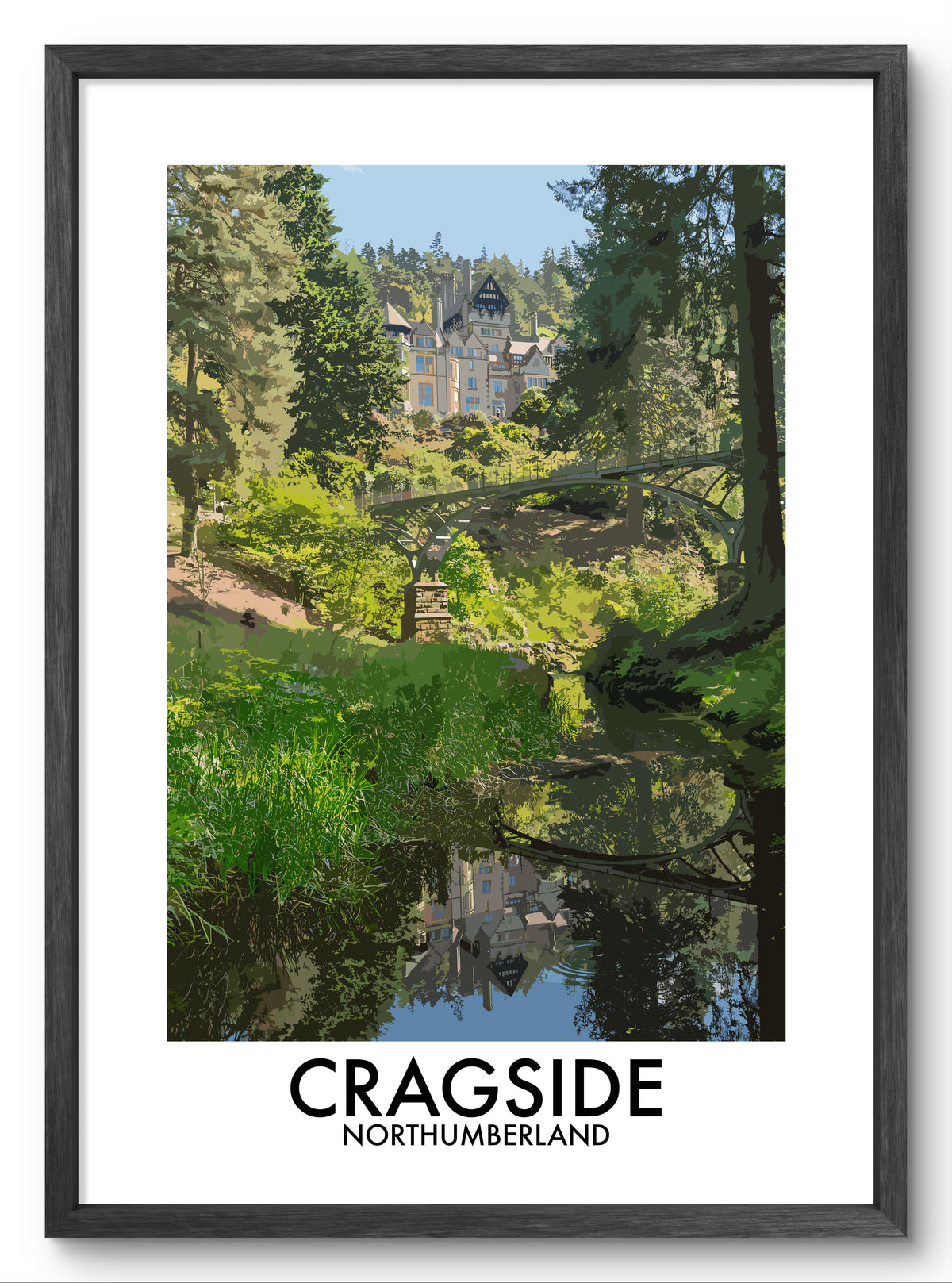 Cragside House and Bridge vector art print shown in a black frame