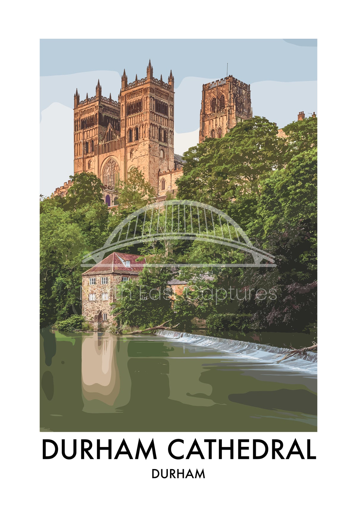 Durham Cathedral and Fulling Mill vector artwork with landmark lettering and preview watermark