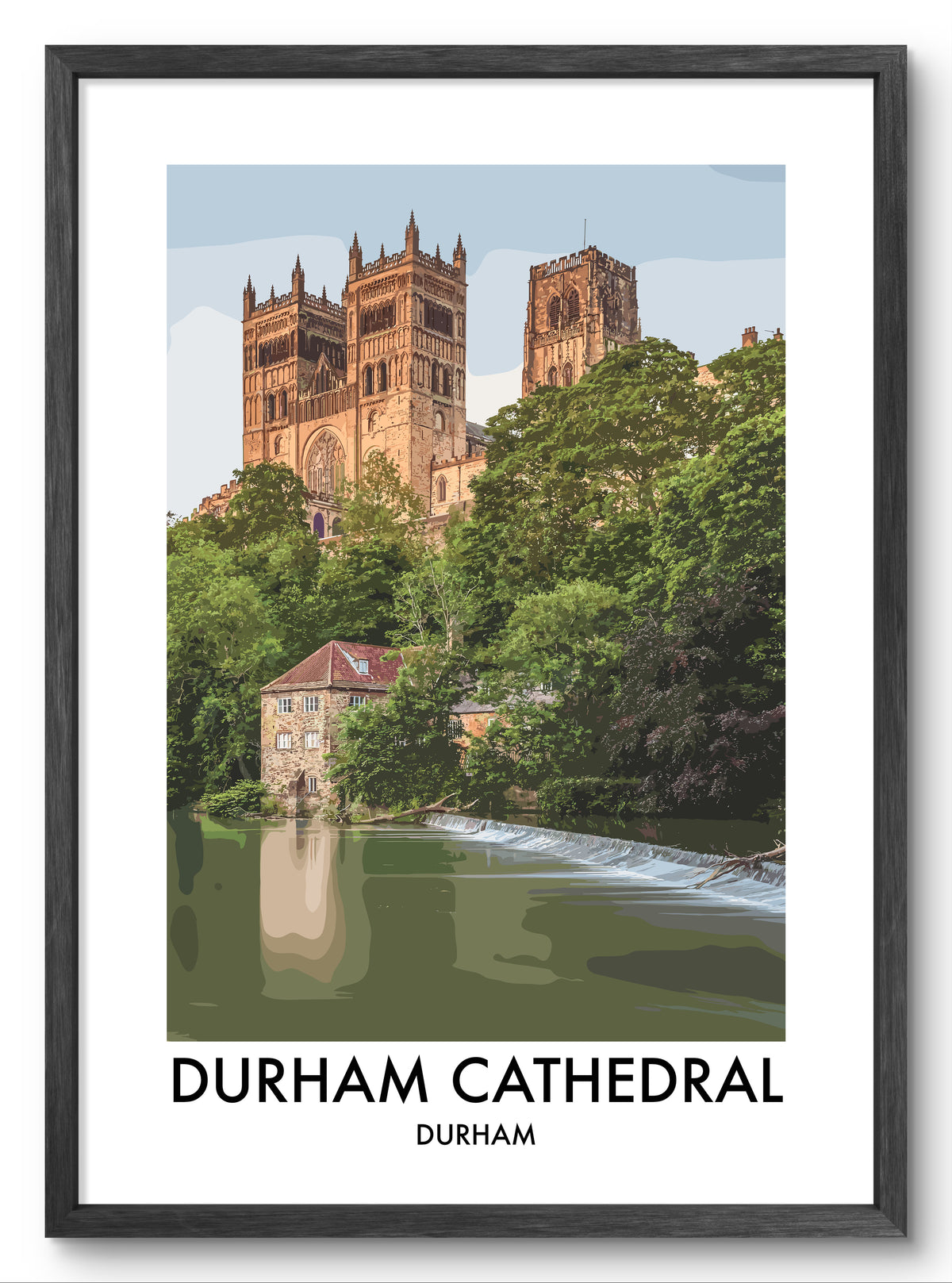 Durham Cathedral and Fulling Mill vector art print shown in a black frame