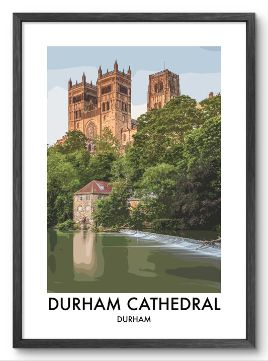 Durham Cathedral and Fulling Mill vector art print shown in a black frame