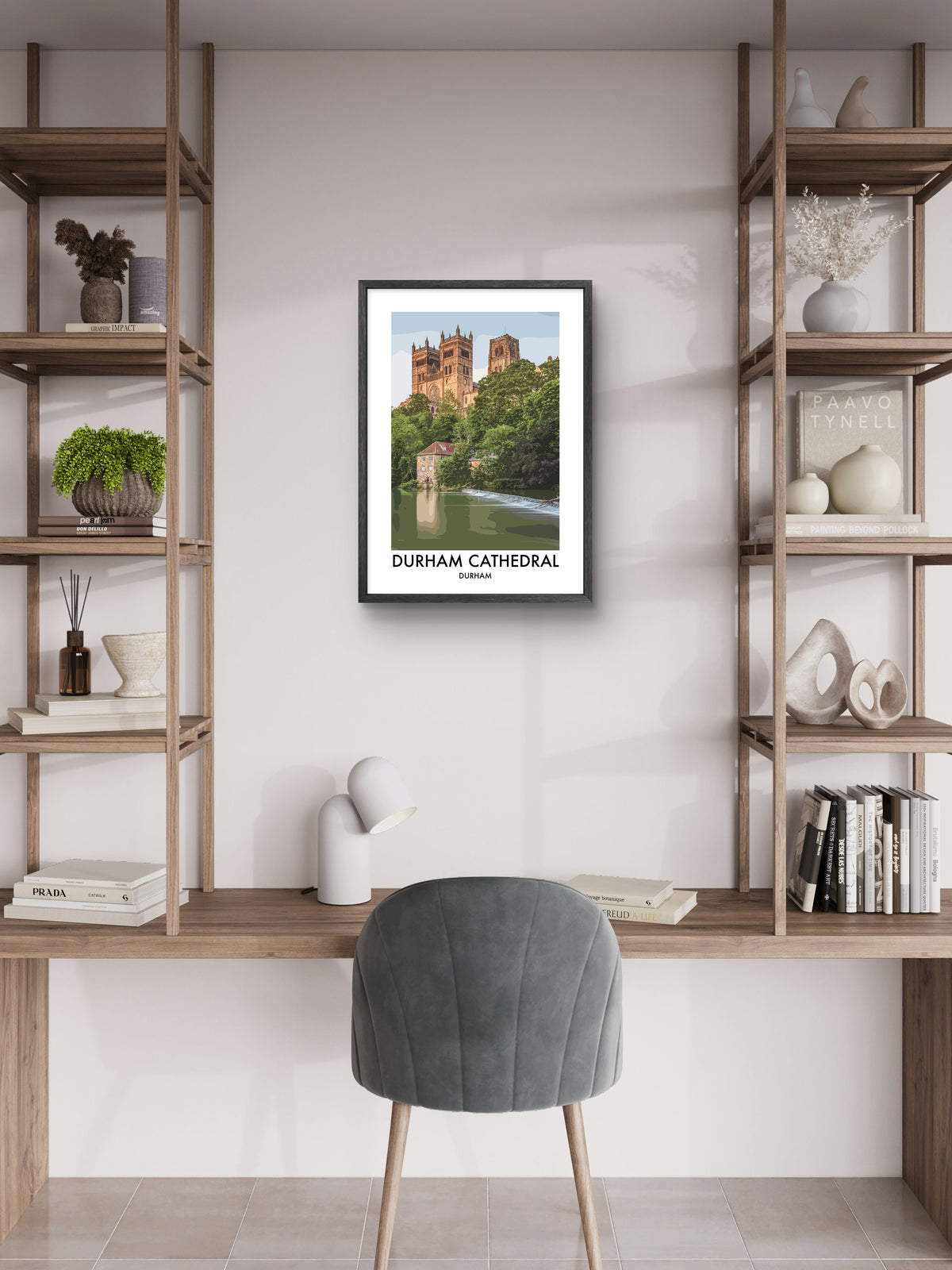 Durham Cathedral and Fulling Mill framed vector art print displayed in a room setting