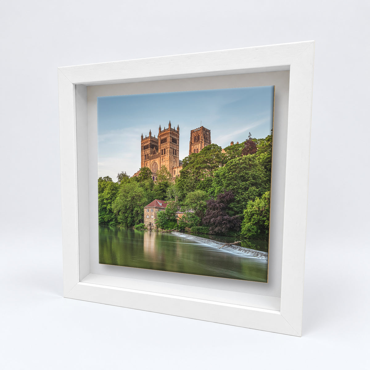 Durham Cathedral and Weir on an 8×8 inch ceramic tile in a white box frame, angled view