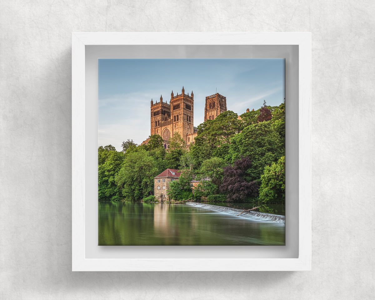 Durham Cathedral and Weir on an 8×8 inch ceramic tile in a white box frame, front view