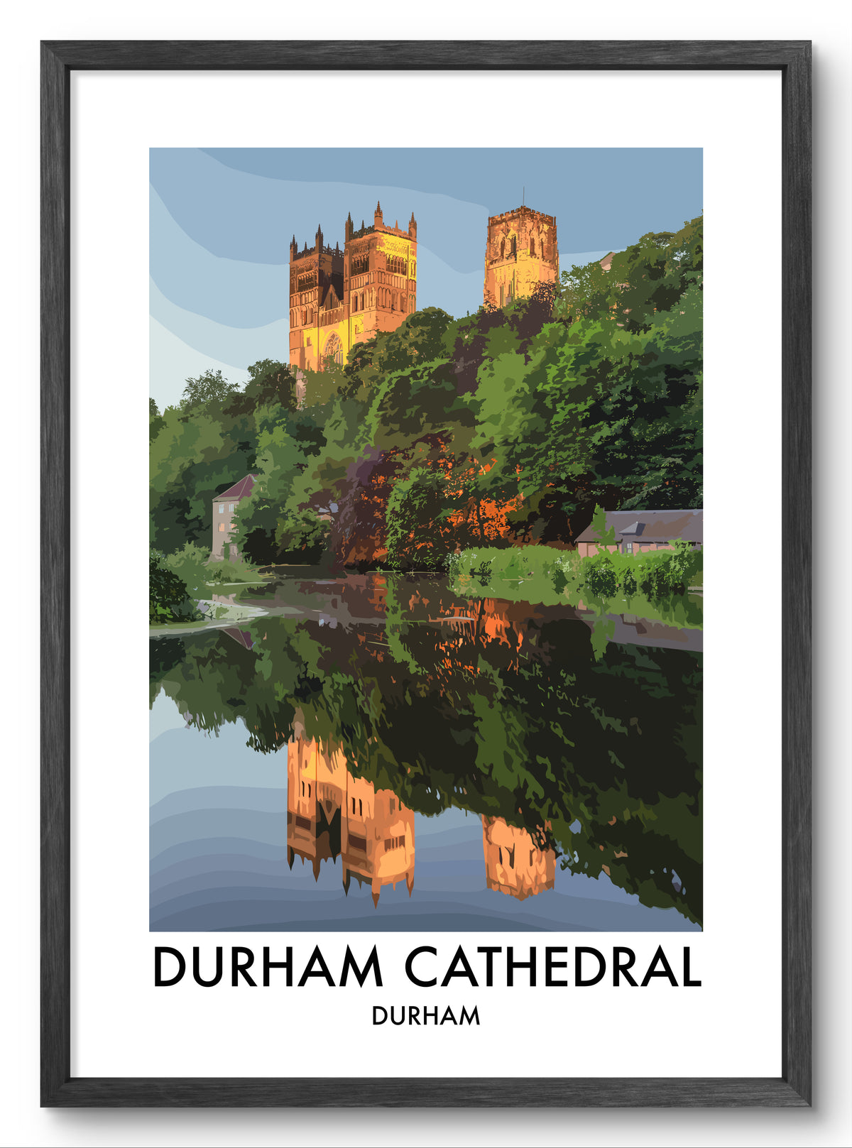 Durham Cathedral Golden Reflection vector art print shown in a black frame