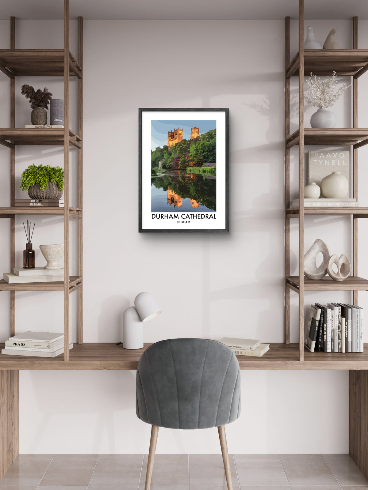 Durham Cathedral Golden Reflection framed vector art print displayed in a room setting