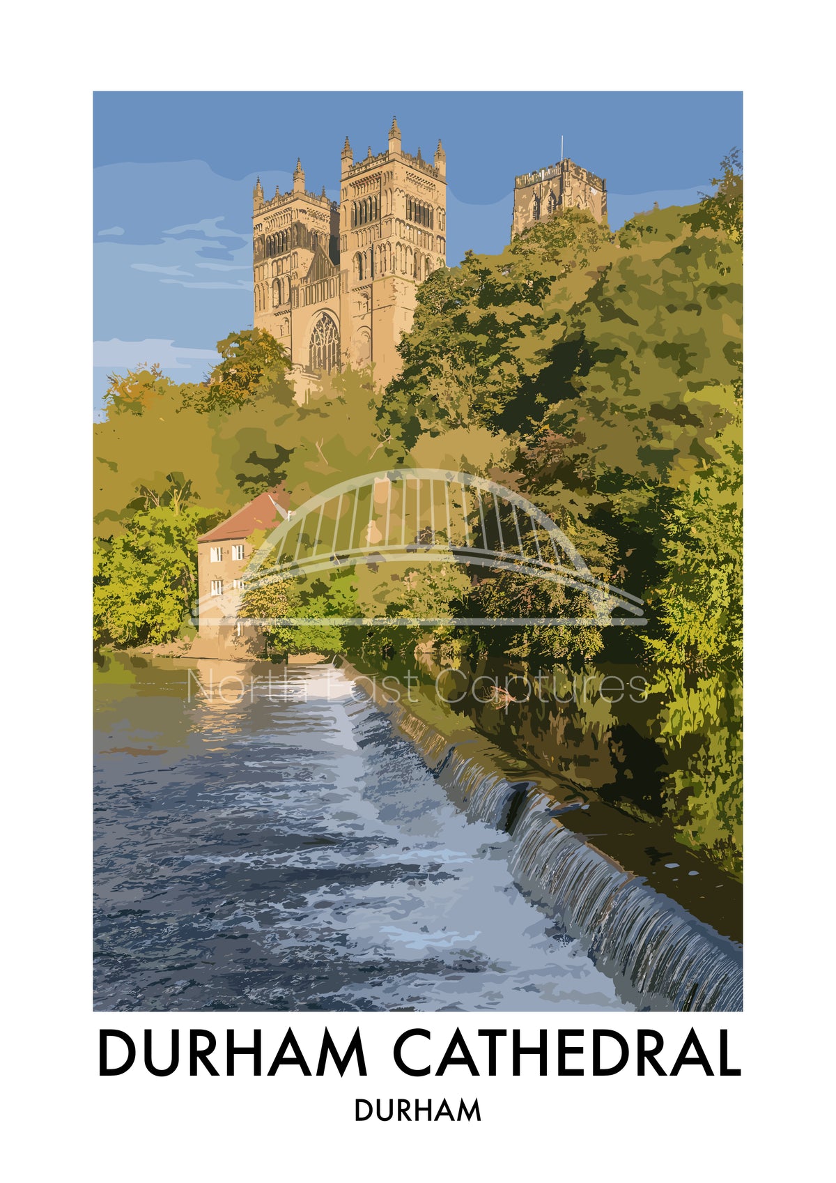Durham Cathedral Riverside Weir vector artwork with landmark lettering and preview watermark