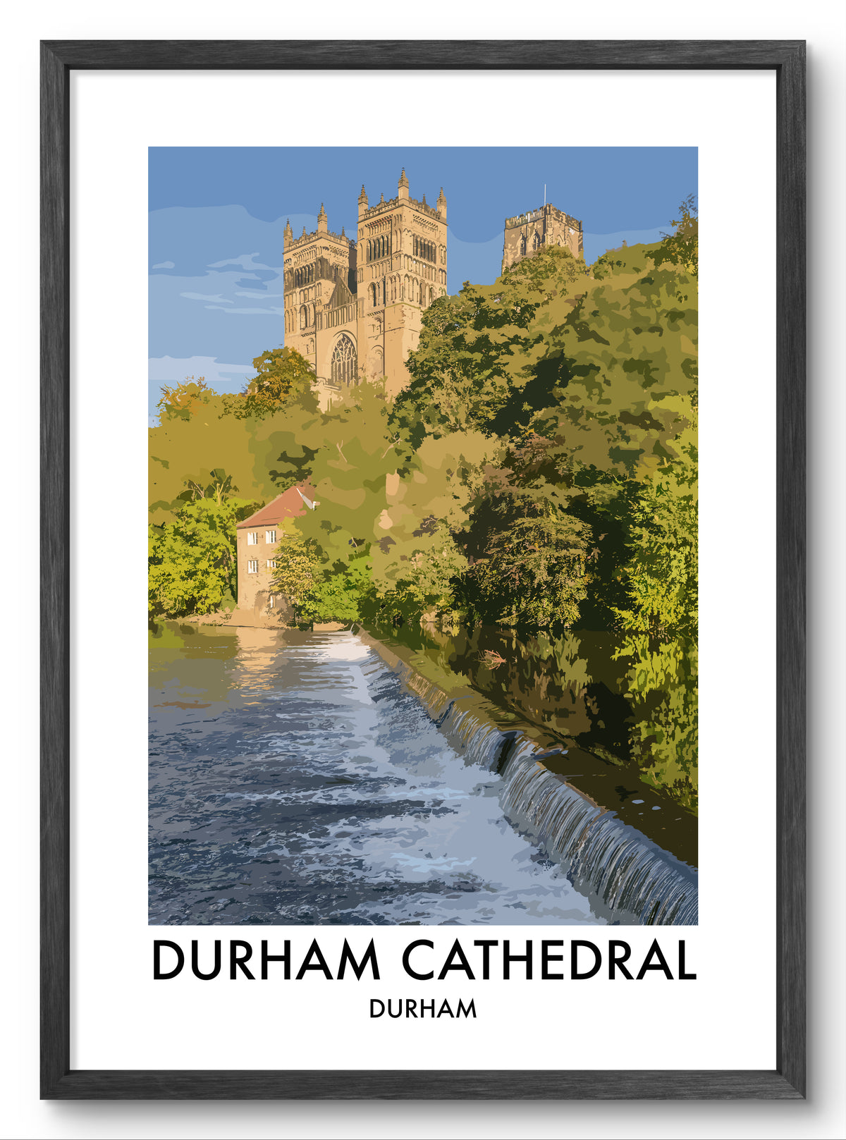 Durham Cathedral Riverside Weir vector art print shown in a black frame