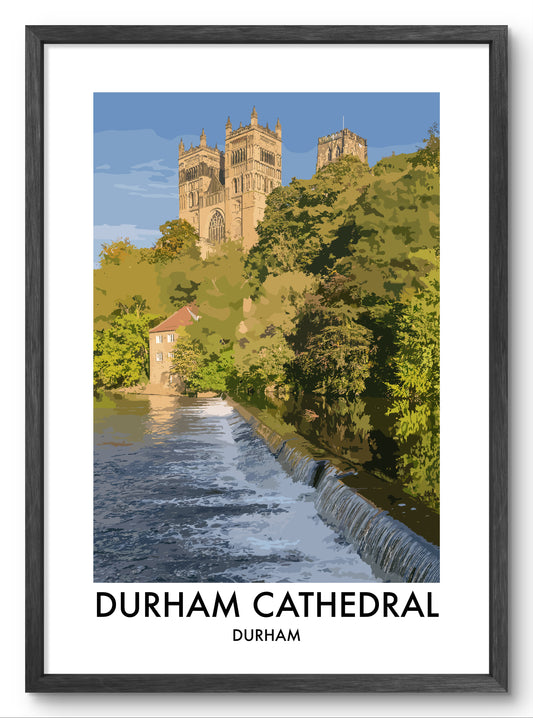 Durham Cathedral Riverside Weir vector art print shown in a black frame