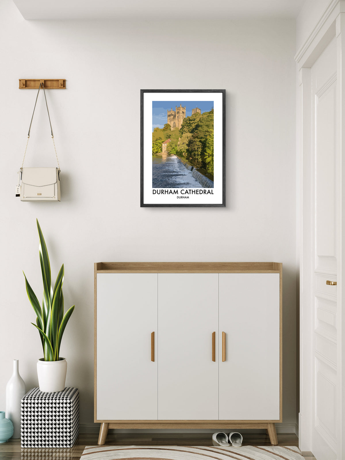 Durham Cathedral Riverside Weir framed vector art print displayed in a room setting