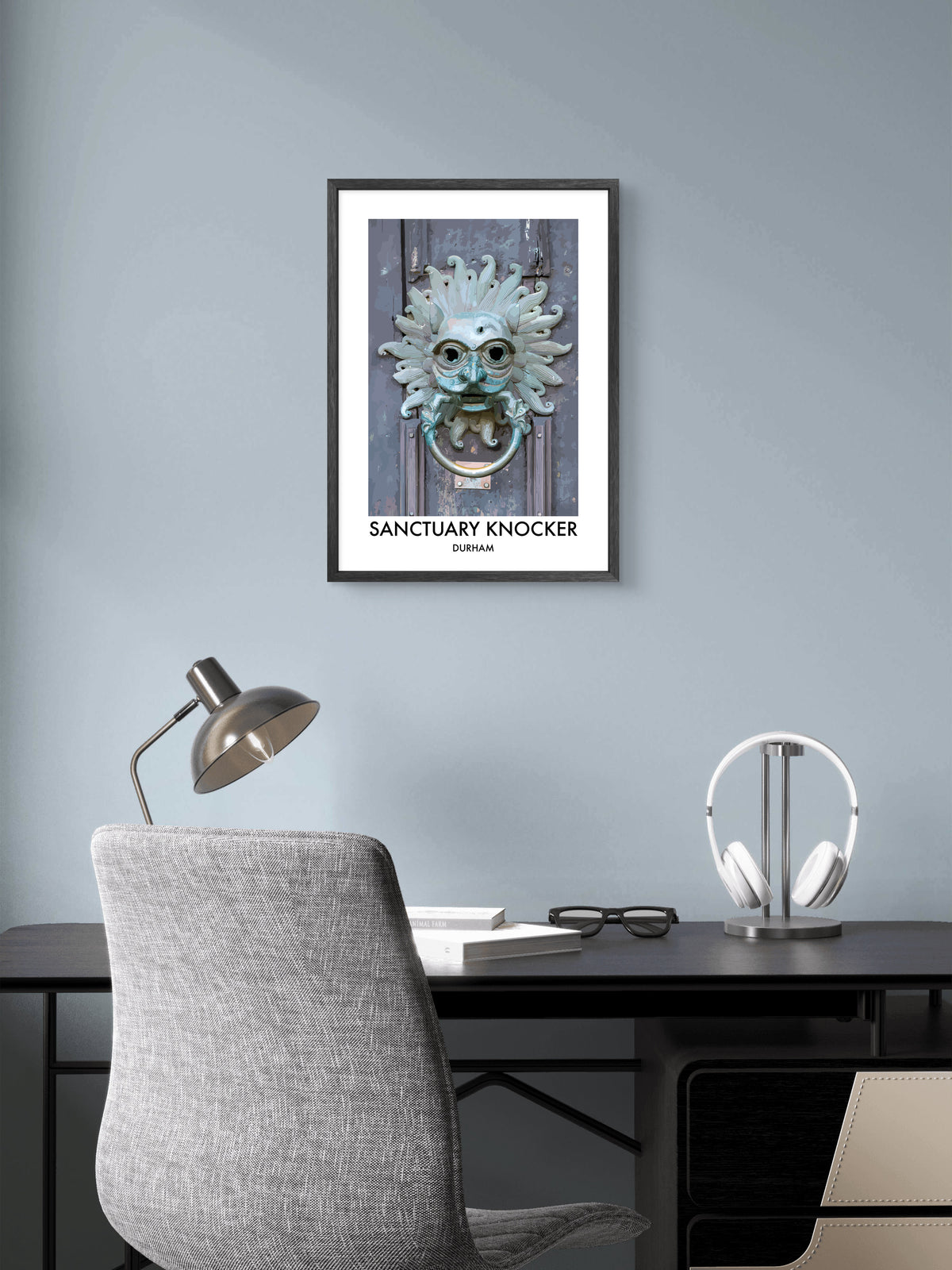 Durham Cathedral Sanctuary Knocker framed vector art print displayed in a room setting